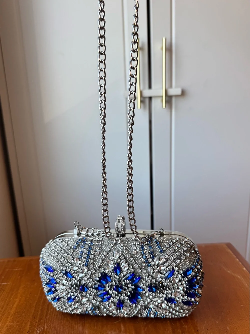 Nina - Silver Crystal Evening Clutch with Blue Gem Accents